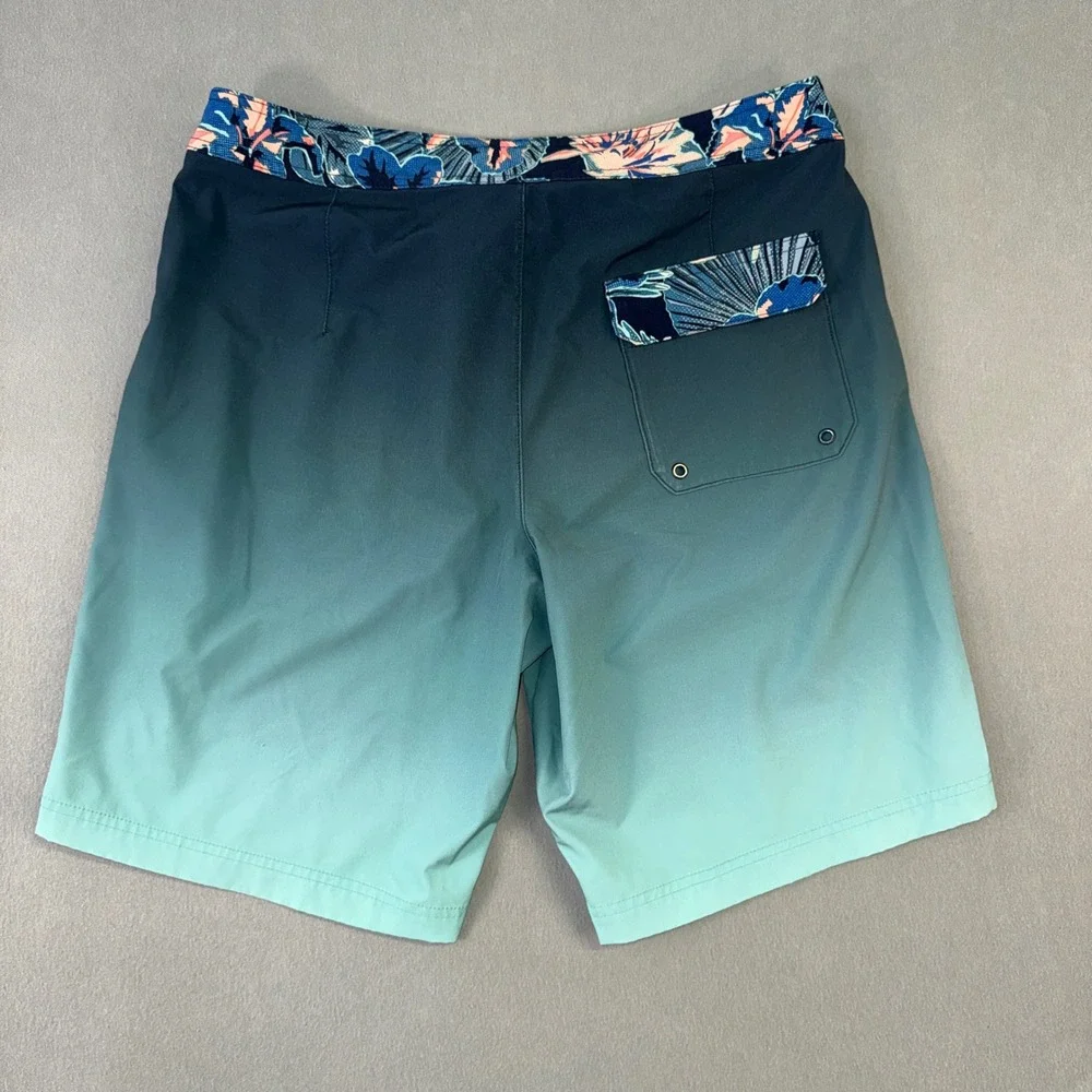 American Eagle Mens Medium Ombre Board Shorts Teal Navy Floral Swim Trunks